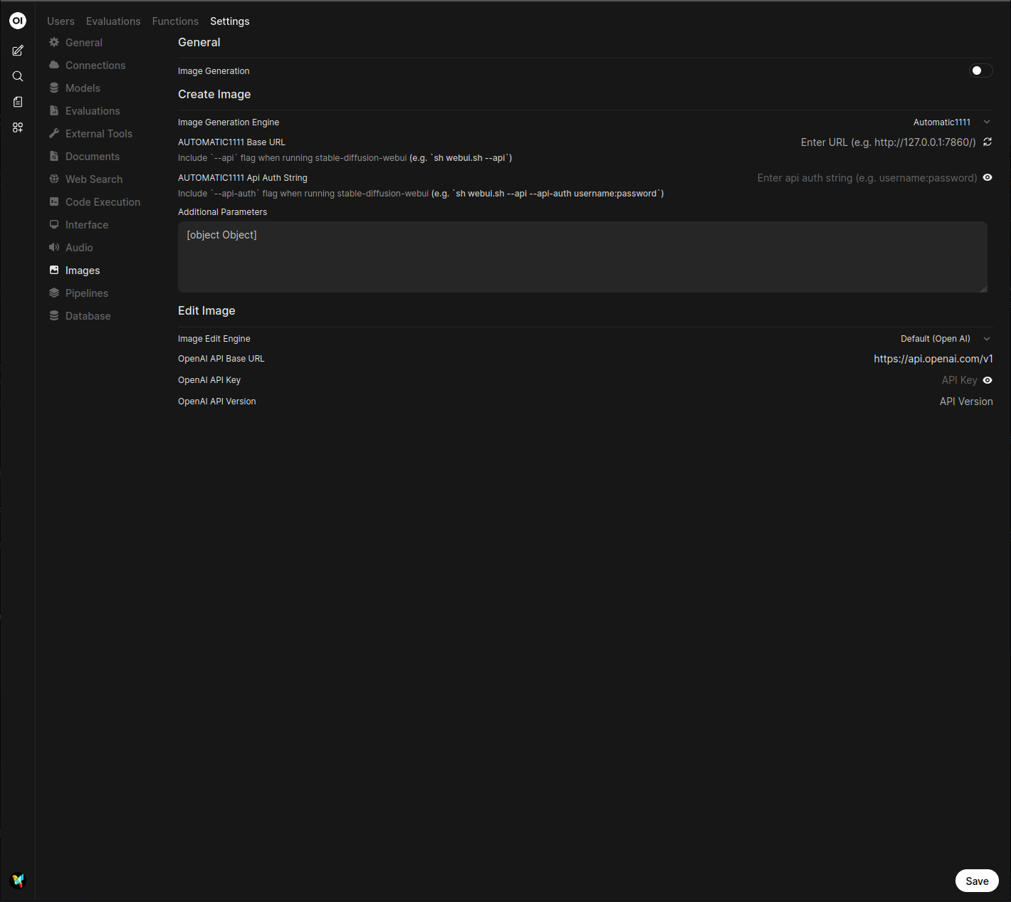 Open WebUI 图像设置页面截图，选择了默认 (Automatic1111) 并突出了 API URL 字段。