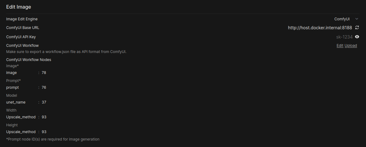 Open WebUI 图像设置页面截图，选择了 ComfyUI 进行图像编辑。