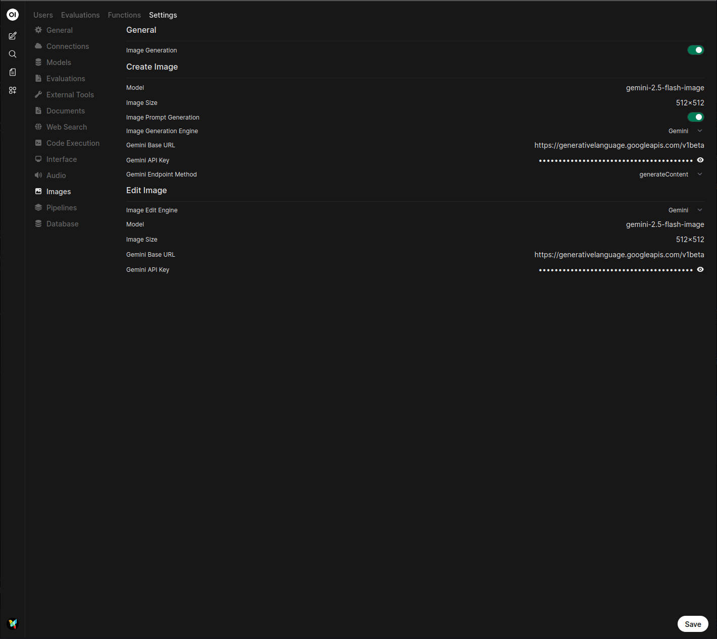 Open WebUI 图像设置页面截图,已选择 Gemini 并突出显示了 API 密钥、模型和图像尺寸字段。