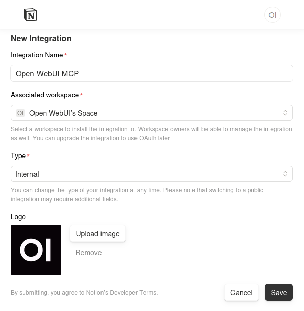 Notion 集成设置表单：显示已填写名称、选中工作区并将 '类型' 设置为内部的 '新建集成' 页面。