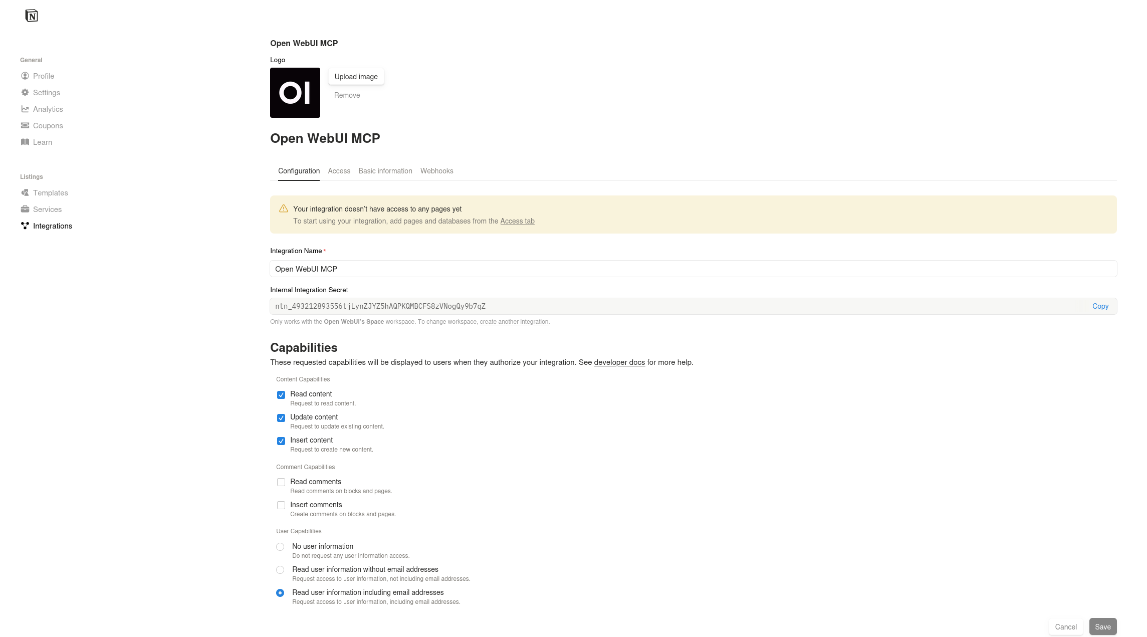 Notion 功能配置：显示已显示的内部集成令牌和选中的三个内容功能复选框。