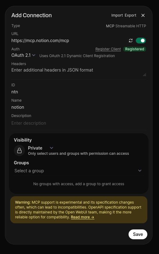 Open WebUI 工具配置：显示已导入 JSON 并高亮 Register Client 按钮的外部工具弹窗。