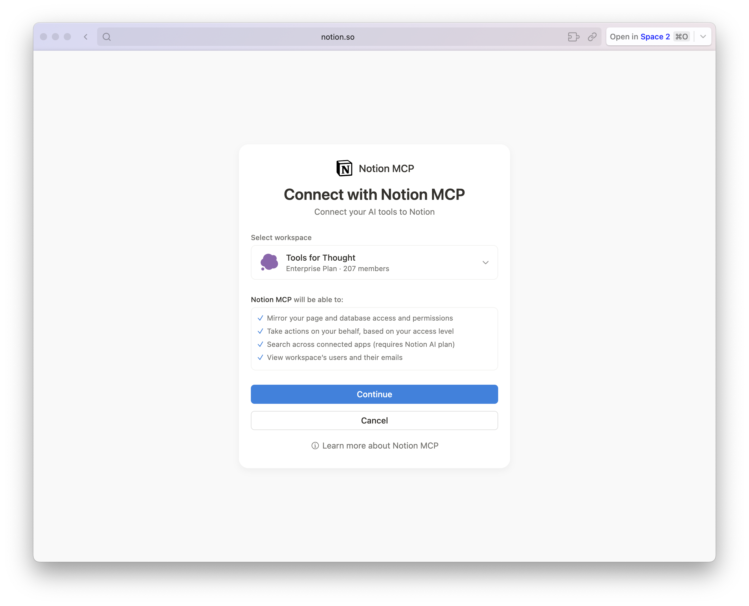 Notion OAuth 页面：显示带有工作区下拉菜单选择的 'Connect with Notion MCP' 授权页面。