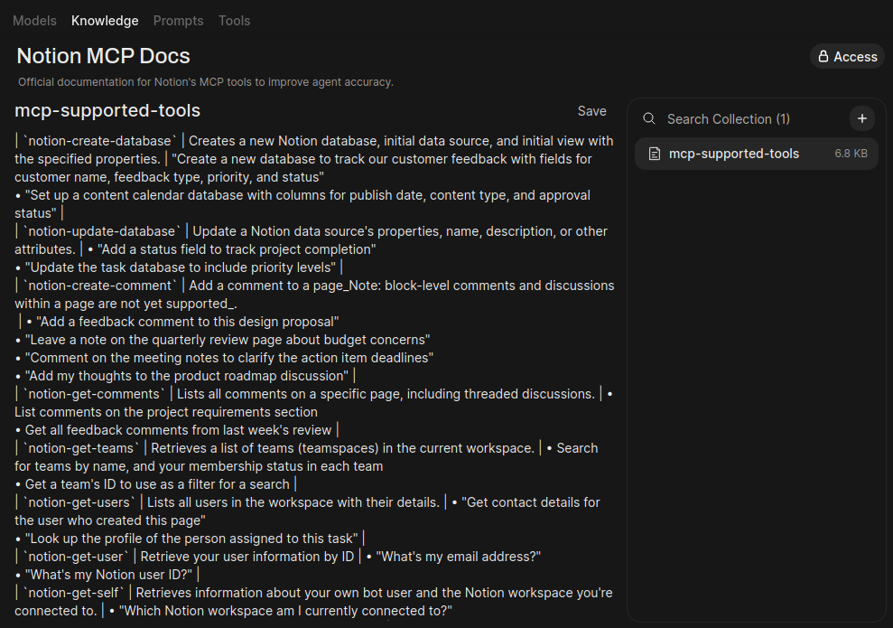 知识库内容视图：显示 'Notion MCP Docs' 知识库，其中已成功上传文档文件。