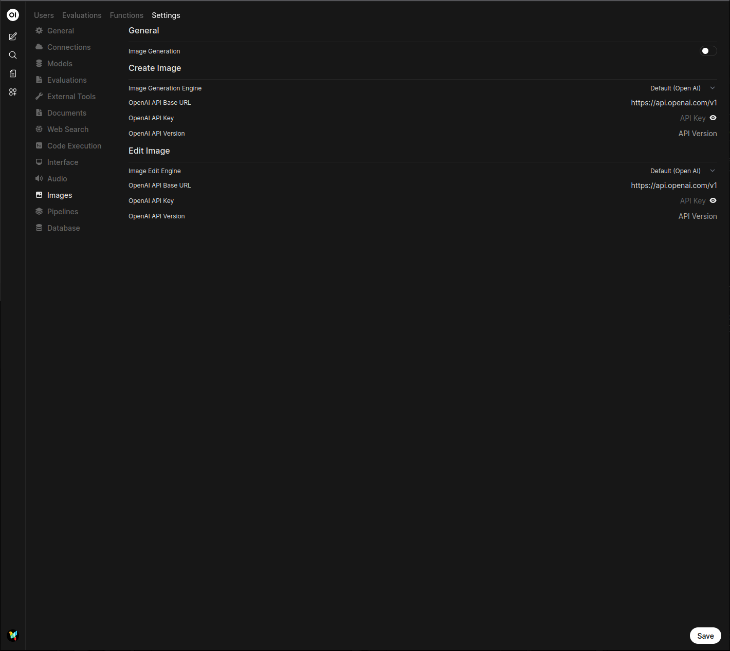 Open WebUI 图像设置页面截图，已选择 Open AI 并突出显示了 API 密钥、模型和图像尺寸字段。