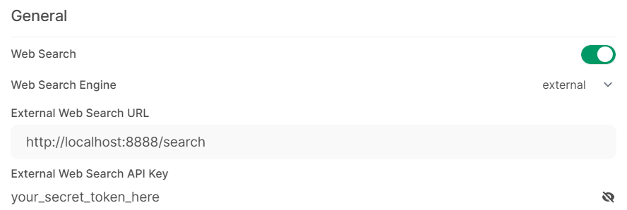 显示外部搜索配置的 Open WebUI 管理面板