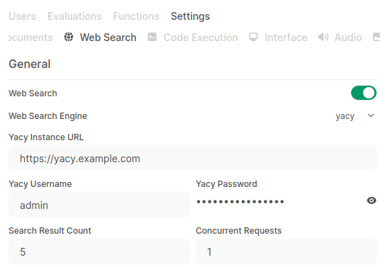 显示 Yacy 配置的 Open WebUI 控制面板